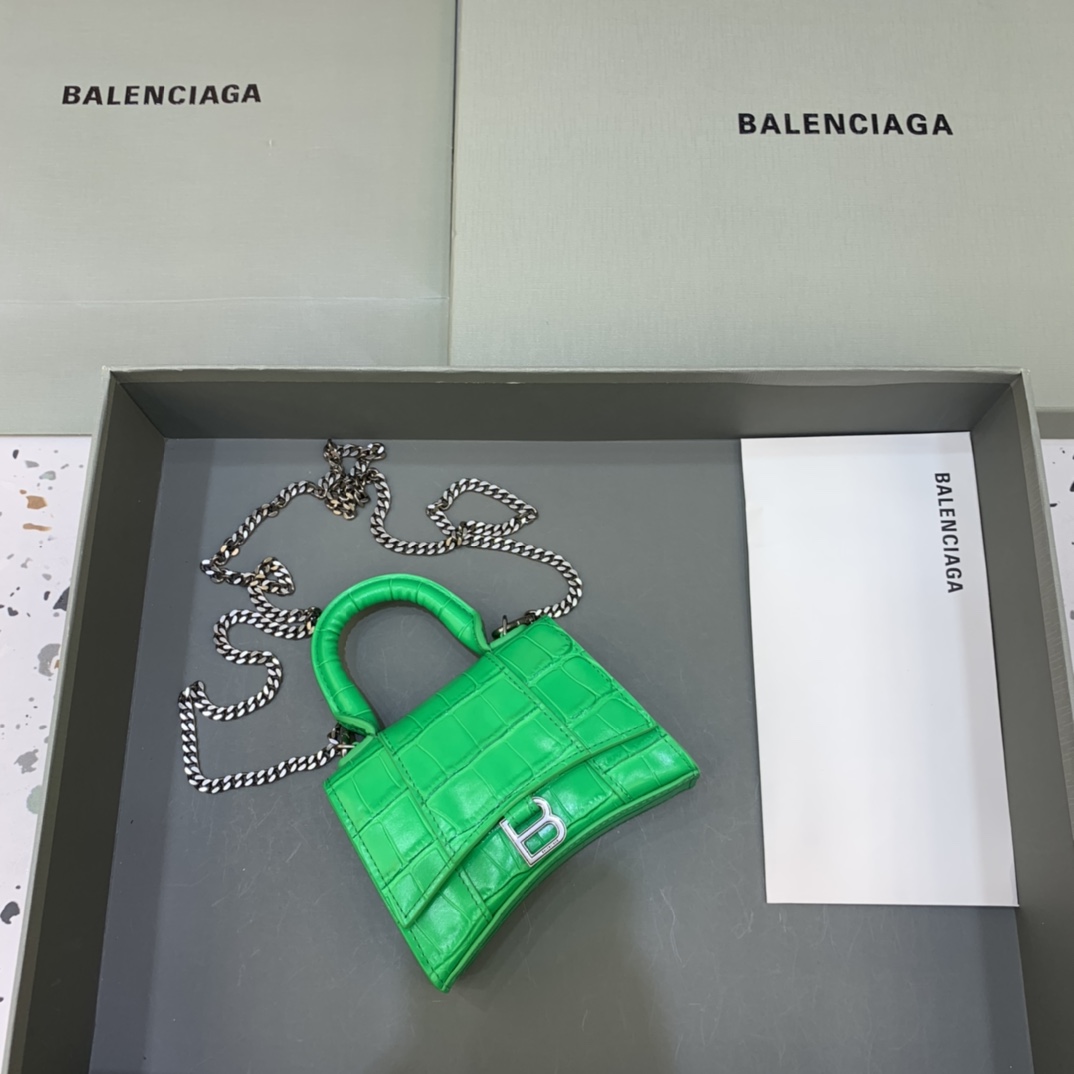 Balenciaga Hourglass Mini Handbag With Chain Crocodile Embossed Shoulder Bag Green